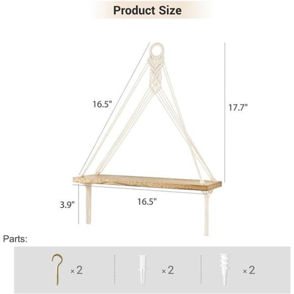 Macrame Hanging Shelves Boho Wall Decor Set of 2 Rustic Wood Floating Shelf - Picture 3 of 7